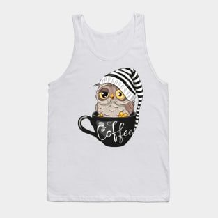 A cute sleepy owl with a nightcap sits in a cup labeled coffee Tank Top